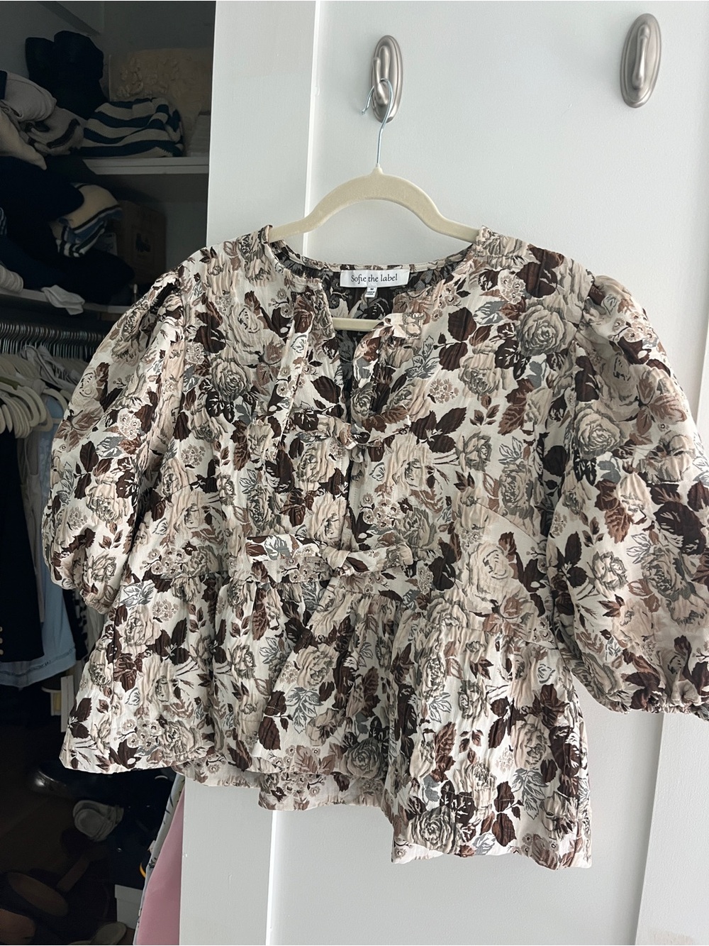 Soften Label Floral Peasant Blouse in Cream and Brown